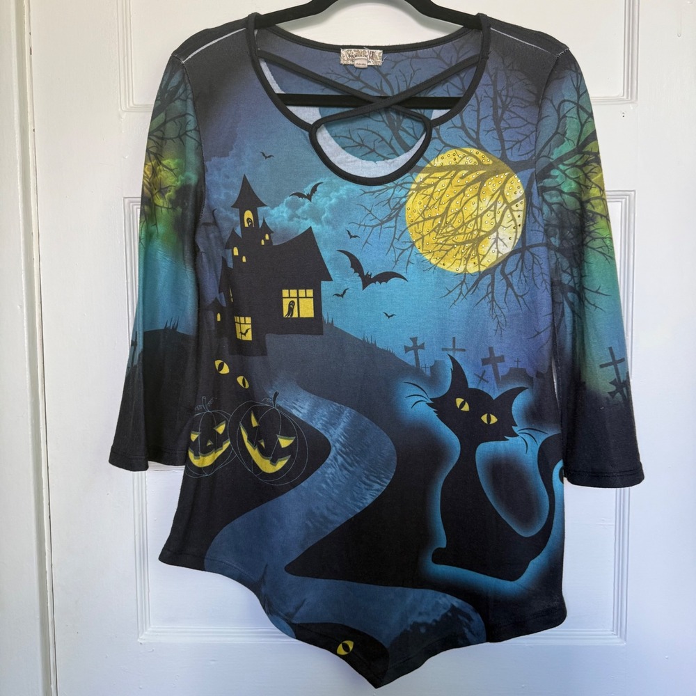 One World Halloween Haunted House Black Cat Rhinestone Top Small 9270NM3B195